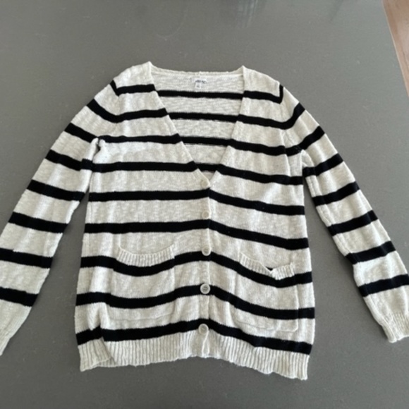 Women's Black & White Stripe Knit Button Pocket  Cardigan Sz. Large - Picture 1 of 7